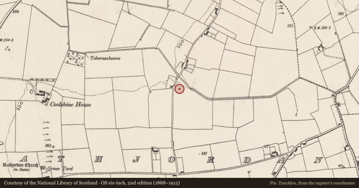 Ordnance Survey six-inch map, 2nd edition (1888–1915) covering the location of Barrow - ring-barrow, Rathjordan, County Limerick, with a pin at the register's coordinates