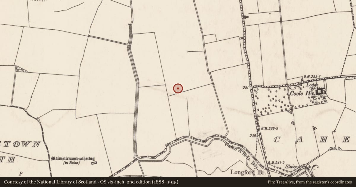 Ordnance Survey six-inch map, 2nd edition (1888–1915) covering the location of Barrow - ring-barrow, Friarstown, County Limerick, with a pin at the register's coordinates