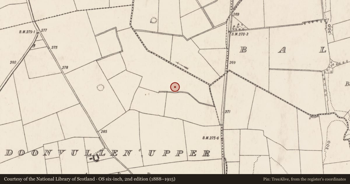 Ordnance Survey six-inch map, 2nd edition (1888–1915) covering the location of Barrow - ring-barrow, Doonvullen Upper, County Limerick, with a pin at the register's coordinates