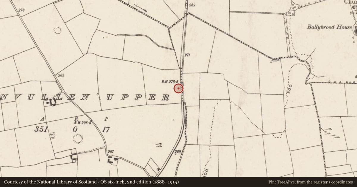 Ordnance Survey six-inch map, 2nd edition (1888–1915) covering the location of Enclosure, Doonvullen Upper, County Limerick, with a pin at the register's coordinates