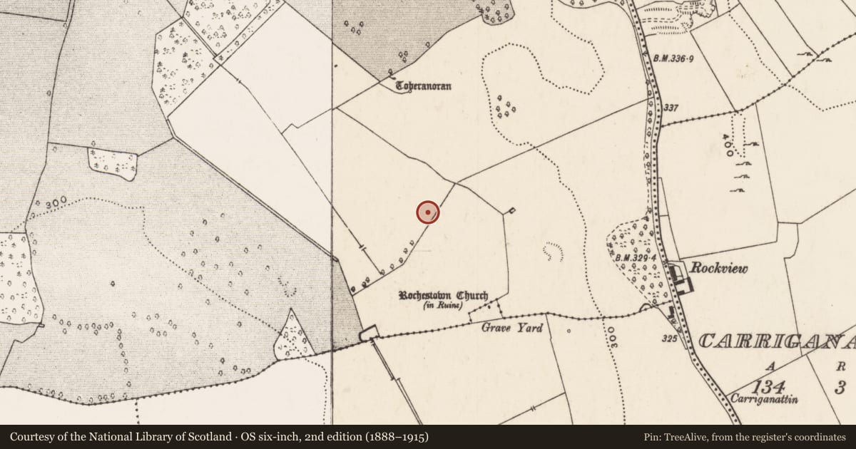 Ordnance Survey six-inch map, 2nd edition (1888–1915) covering the location of Barrow - ring-barrow, Ballynagarde, County Limerick, with a pin at the register's coordinates