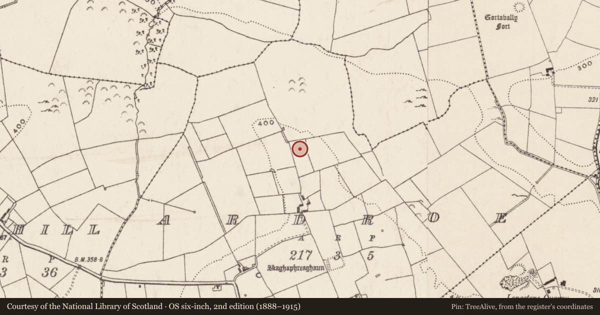 Ordnance Survey six-inch map, 2nd edition (1888–1915) covering the location of Ringfort - unclassified, Ardroe, County Limerick, with a pin at the register's coordinates