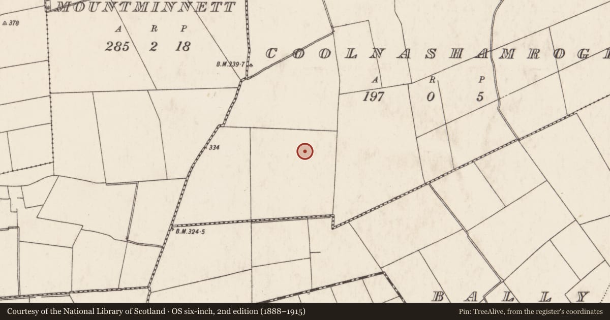 Ordnance Survey six-inch map, 2nd edition (1888–1915) covering the location of Barrow - ring-barrow, Coolnashamroge, County Limerick, with a pin at the register's coordinates