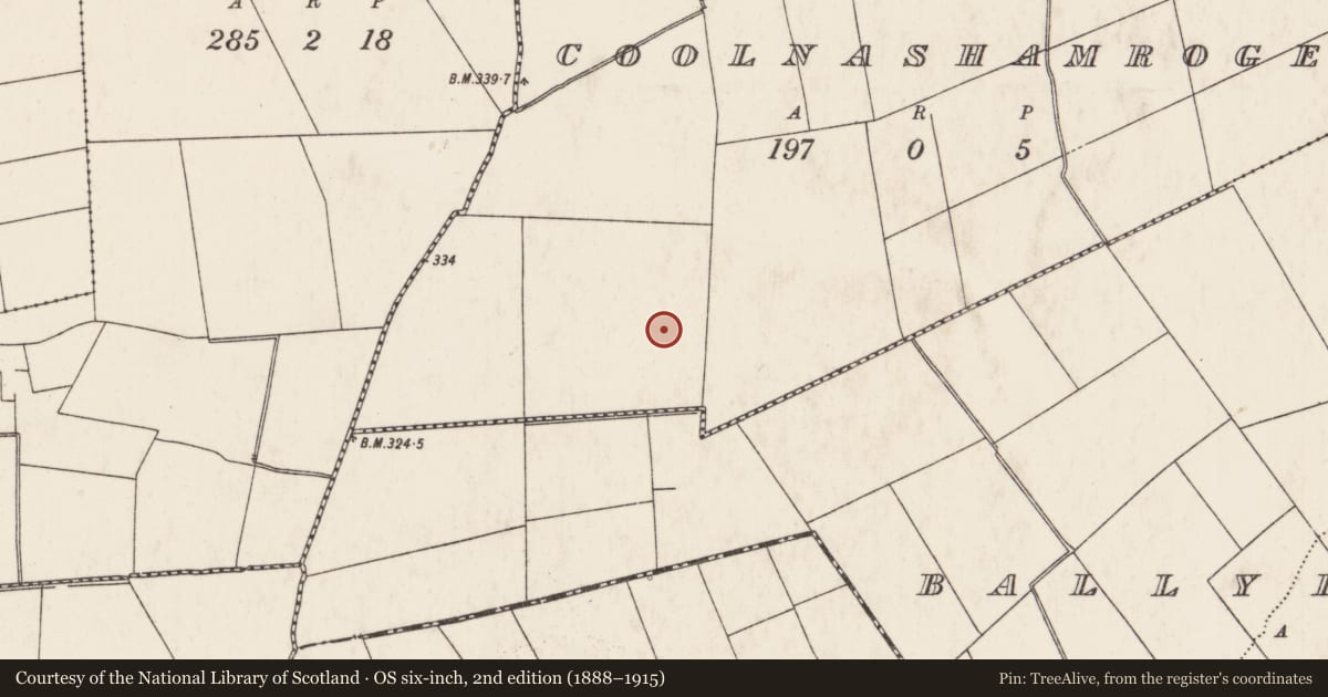 Ordnance Survey six-inch map, 2nd edition (1888–1915) covering the location of Barrow - ring-barrow, Coolnashamroge, County Limerick, with a pin at the register's coordinates