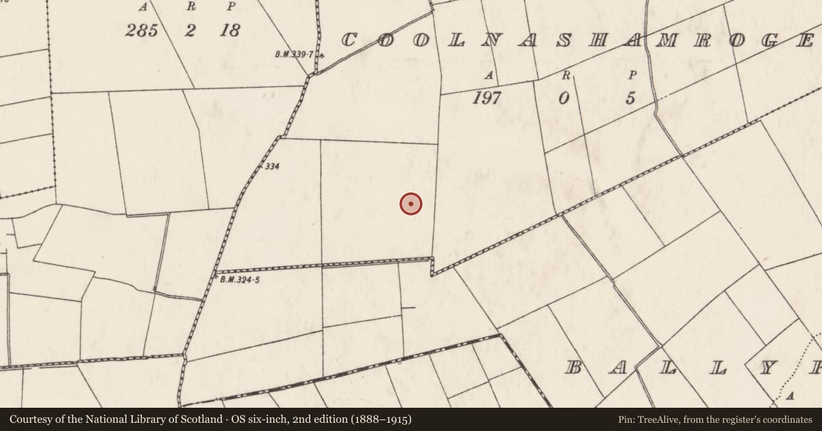 Ordnance Survey six-inch map, 2nd edition (1888–1915) covering the location of Barrow - ring-barrow, Coolnashamroge, County Limerick, with a pin at the register's coordinates