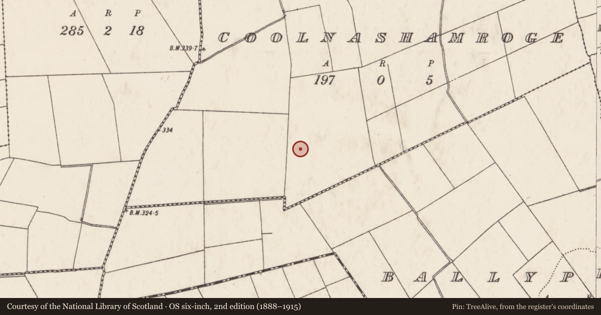 Ordnance Survey six-inch map, 2nd edition (1888–1915) covering the location of Barrow - ring-barrow, Coolnashamroge, County Limerick, with a pin at the register's coordinates