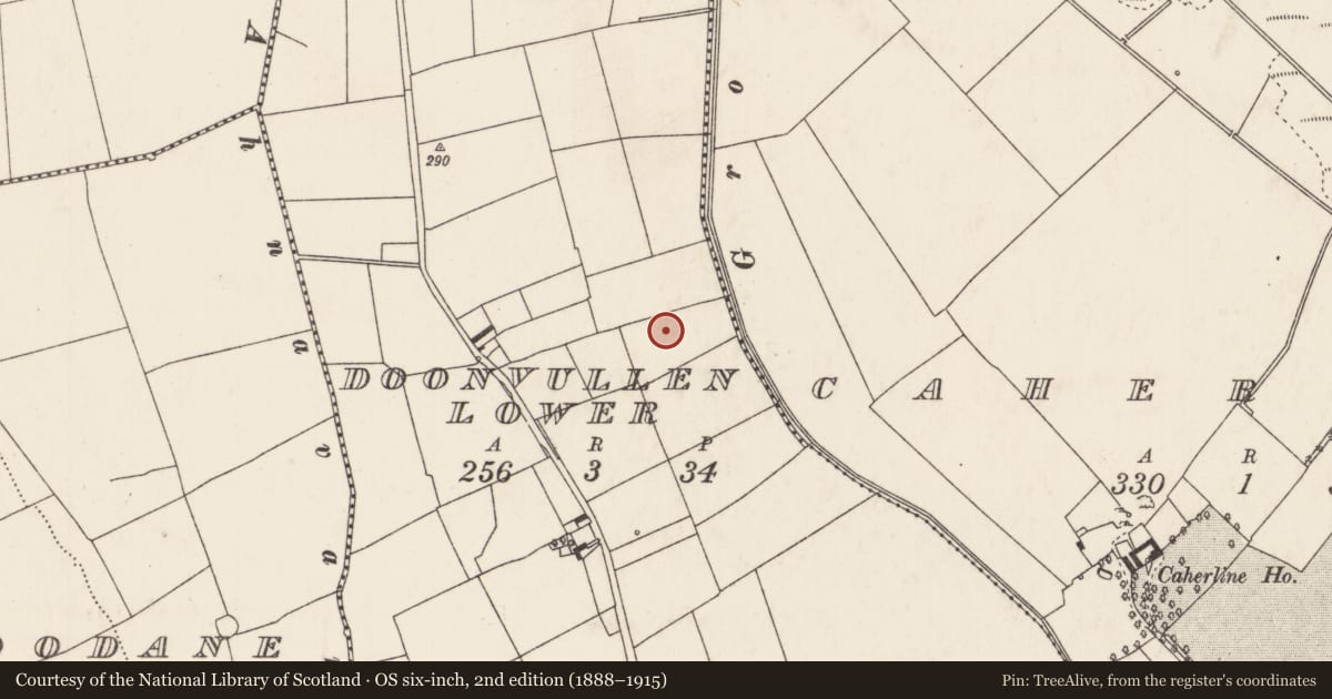 Ordnance Survey six-inch map, 2nd edition (1888–1915) covering the location of Enclosure, Doonvullen Lower, County Limerick, with a pin at the register's coordinates