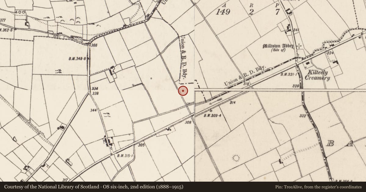 Ordnance Survey six-inch map, 2nd edition (1888–1915) covering the location of Enclosure, Kildromin, County Limerick, with a pin at the register's coordinates