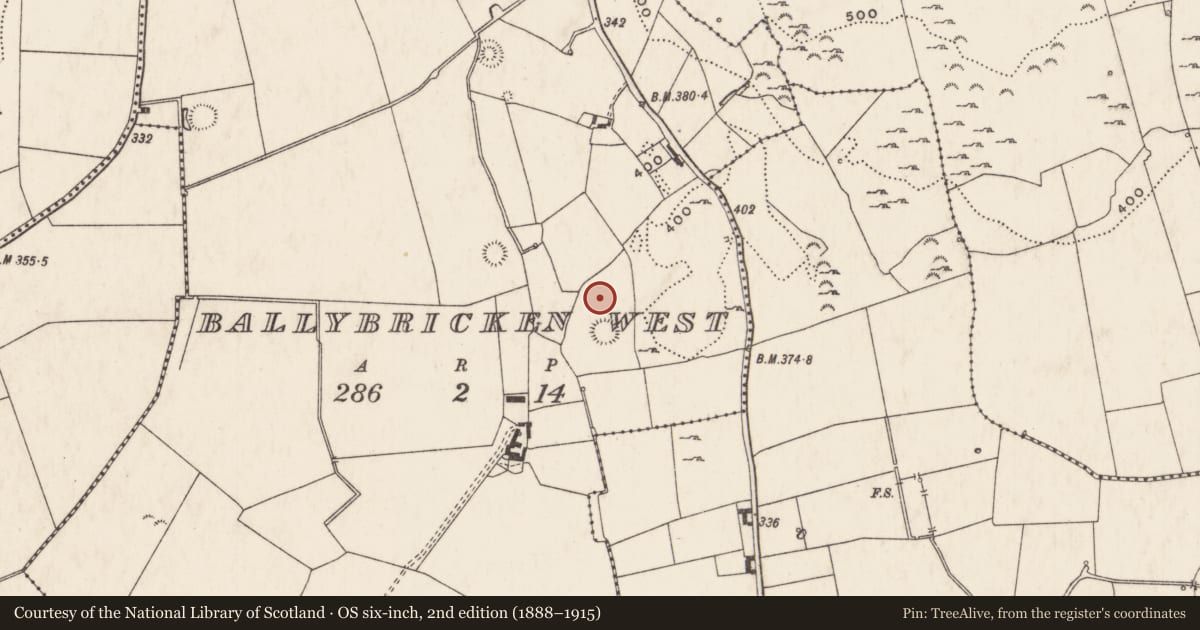 Ordnance Survey six-inch map, 2nd edition (1888–1915) covering the location of Enclosure, Ballybricken West, County Limerick, with a pin at the register's coordinates