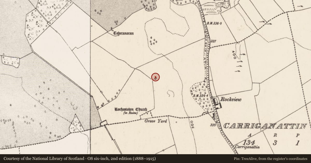Ordnance Survey six-inch map, 2nd edition (1888–1915) covering the location of Ritual site - holy well, Ballynagarde, County Limerick, with a pin at the register's coordinates