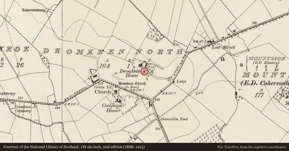 Ordnance Survey six-inch map, 2nd edition (1888–1915) covering the location of Castle - unclassified, Dromkeen North, County Limerick, with a pin at the register's coordinates