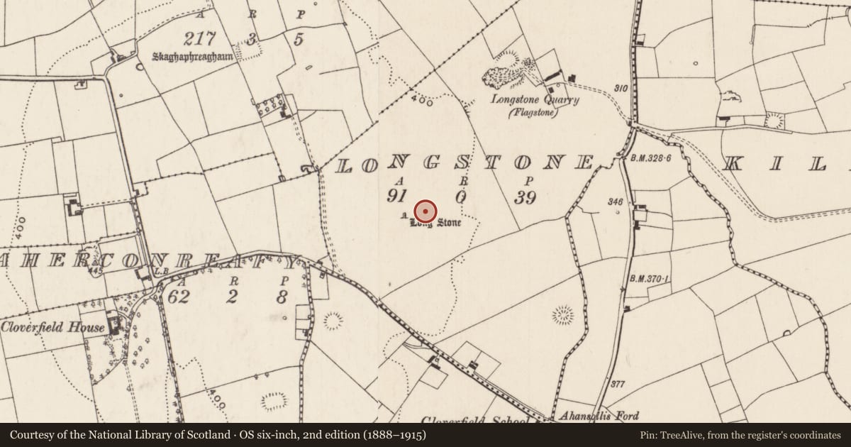 Ordnance Survey six-inch map, 2nd edition (1888–1915) covering the location of Standing stone, Longstone, County Limerick, with a pin at the register's coordinates