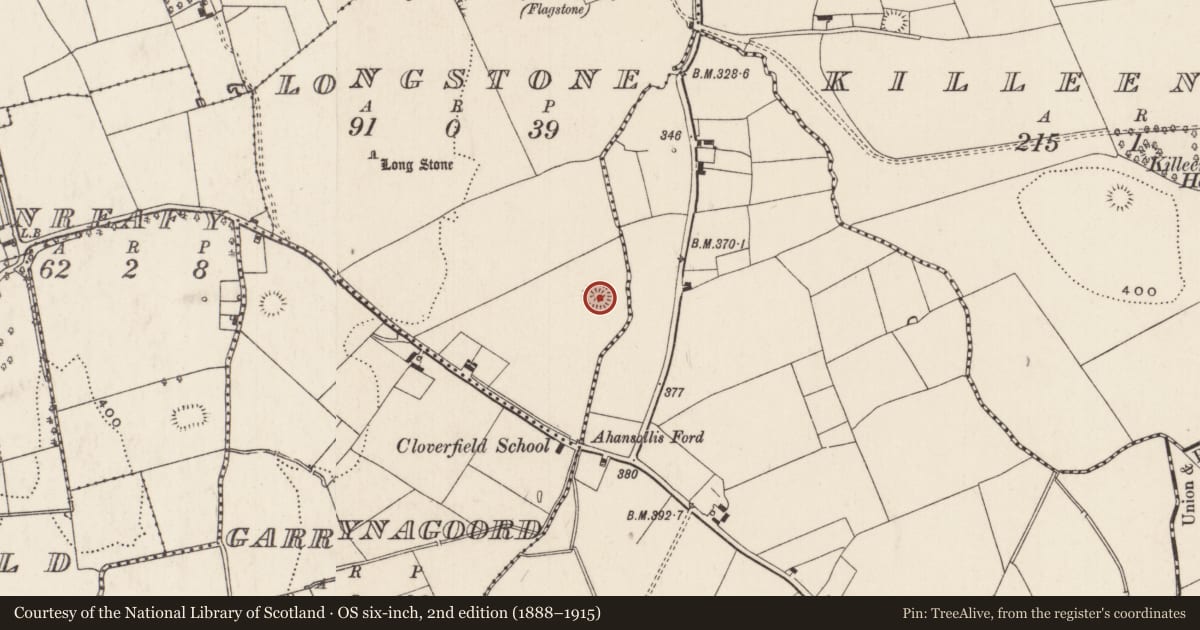 Ordnance Survey six-inch map, 2nd edition (1888–1915) covering the location of Barrow - pond barrow, Longstone, County Limerick, with a pin at the register's coordinates