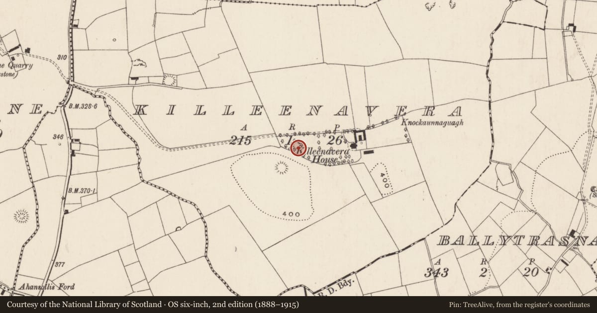 Ordnance Survey six-inch map, 2nd edition (1888–1915) covering the location of Barrow - unclassified, Killeenavera, County Limerick, with a pin at the register's coordinates