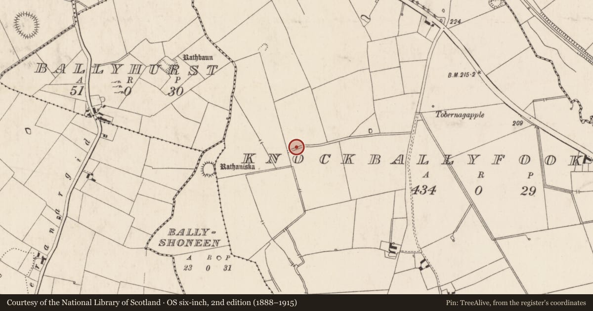 Ordnance Survey six-inch map, 2nd edition (1888–1915) covering the location of Barrow - unclassified, Knockballyfookeen, County Limerick, with a pin at the register's coordinates