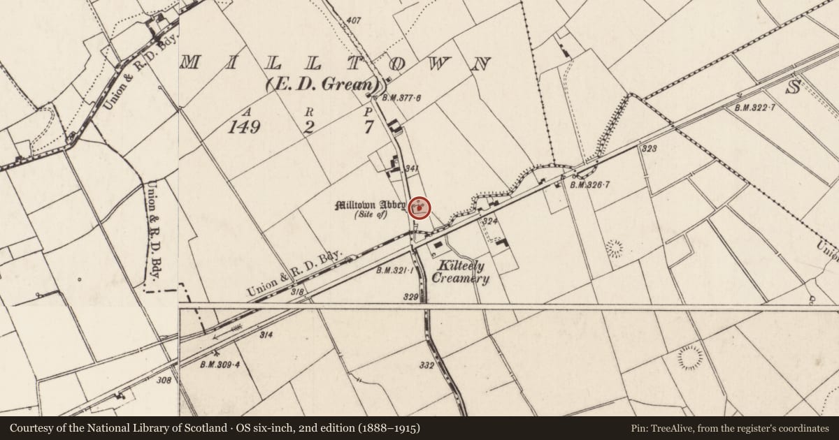 Ordnance Survey six-inch map, 2nd edition (1888–1915) covering the location of Religious house - Carmelite friars, Milltown, County Limerick, with a pin at the register's coordinates