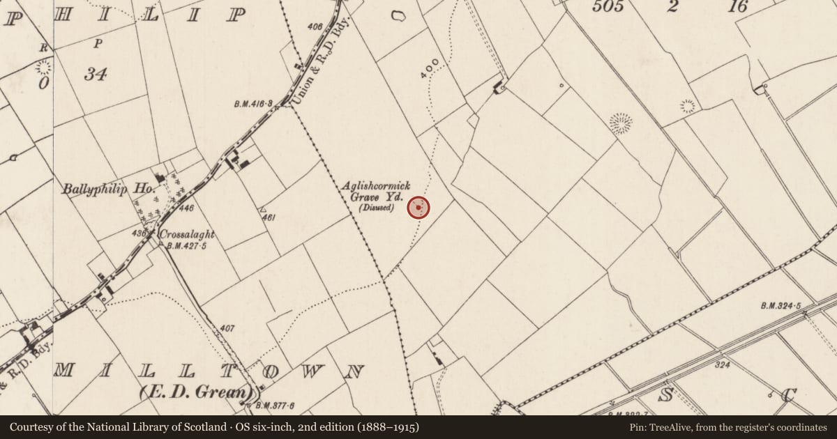 Ordnance Survey six-inch map, 2nd edition (1888–1915) covering the location of Church, Ballynagally, County Limerick, with a pin at the register's coordinates