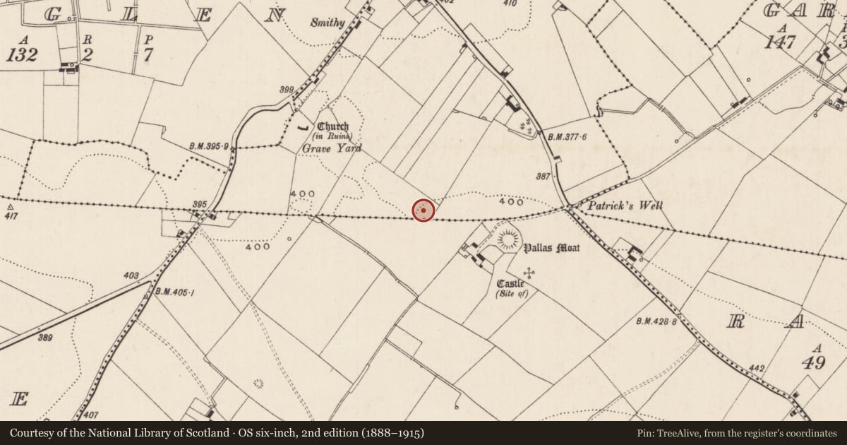 Ordnance Survey six-inch map, 2nd edition (1888–1915) covering the location of Historic town, Cloghaderreen, County Limerick, with a pin at the register's coordinates