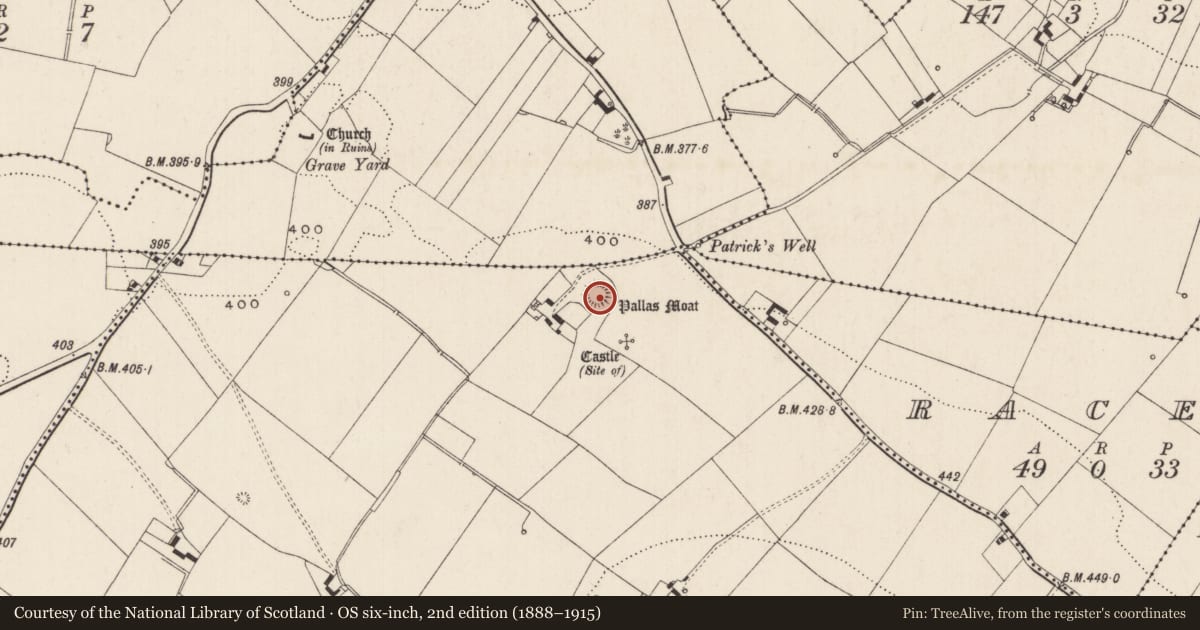 Ordnance Survey six-inch map, 2nd edition (1888–1915) covering the location of Castle - motte, Cloghaderreen, County Limerick, with a pin at the register's coordinates