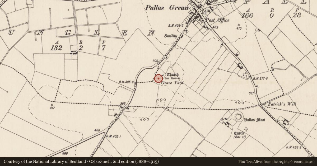 Ordnance Survey six-inch map, 2nd edition (1888–1915) covering the location of Graveyard, Pallas, County Limerick, with a pin at the register's coordinates