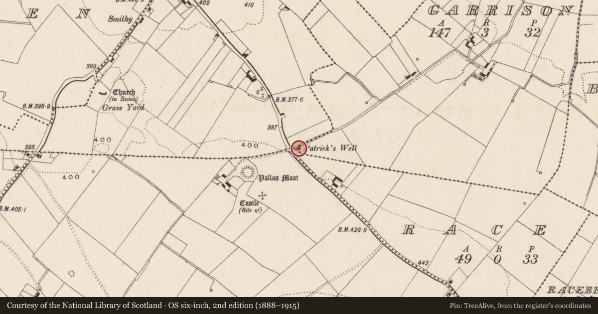 Ordnance Survey six-inch map, 2nd edition (1888–1915) covering the location of Ritual site - holy well, Garrison, County Limerick, with a pin at the register's coordinates