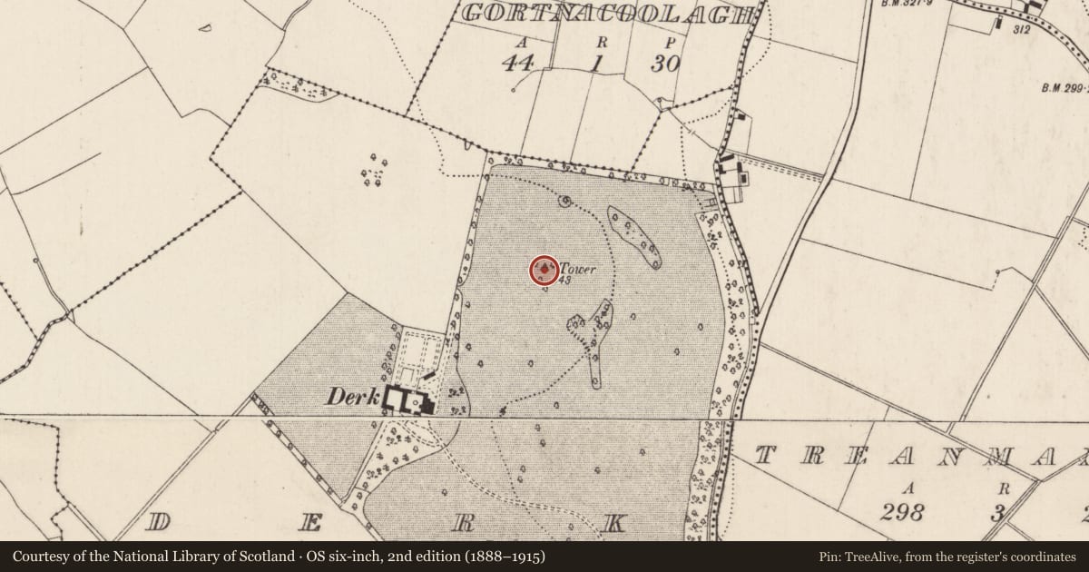 Ordnance Survey six-inch map, 2nd edition (1888–1915) covering the location of Designed landscape - folly, Derk, County Limerick, with a pin at the register's coordinates