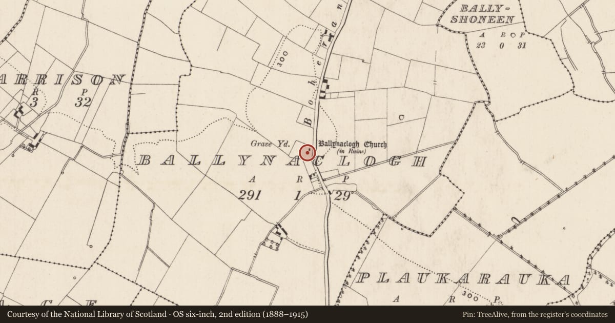 Ordnance Survey six-inch map, 2nd edition (1888–1915) covering the location of Church, Ballynaclogh, County Limerick, with a pin at the register's coordinates