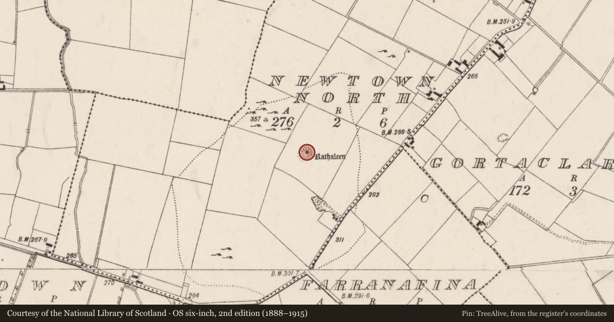 Ordnance Survey six-inch map, 2nd edition (1888–1915) covering the location of Ringfort - rath, Newtown North, County Limerick, with a pin at the register's coordinates
