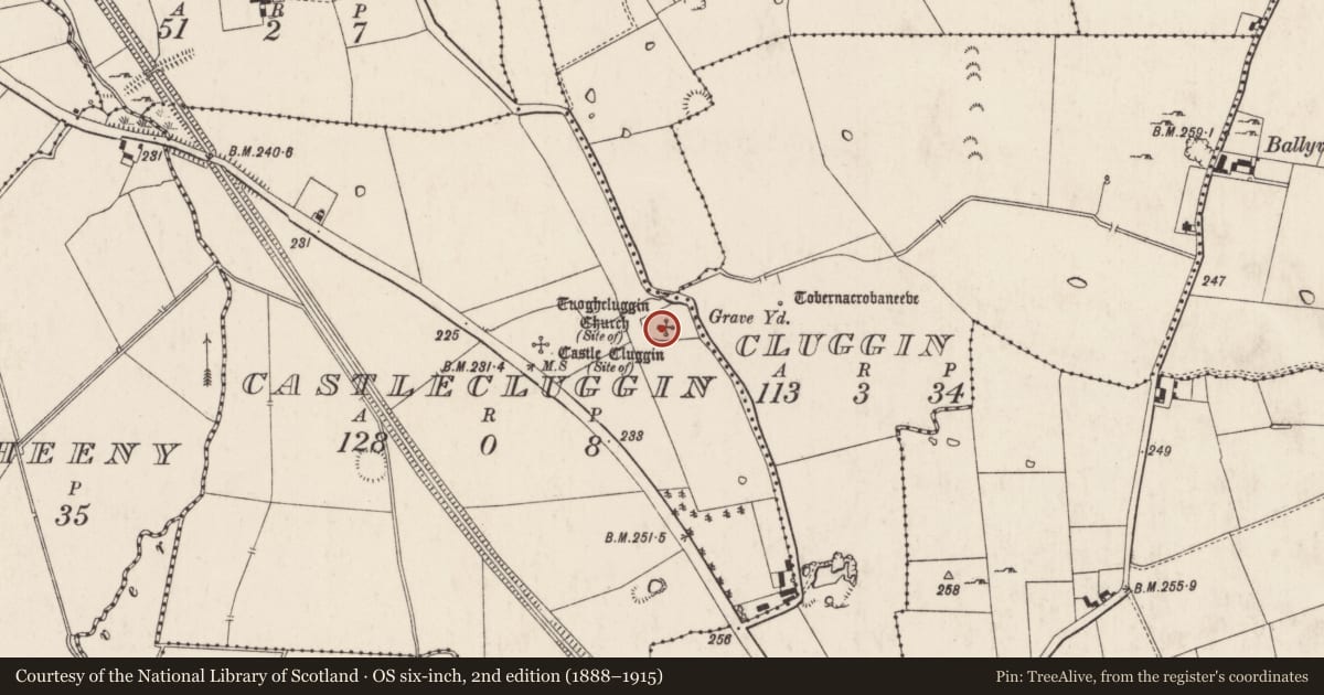 Ordnance Survey six-inch map, 2nd edition (1888–1915) covering the location of Church, Cluggin, County Limerick, with a pin at the register's coordinates
