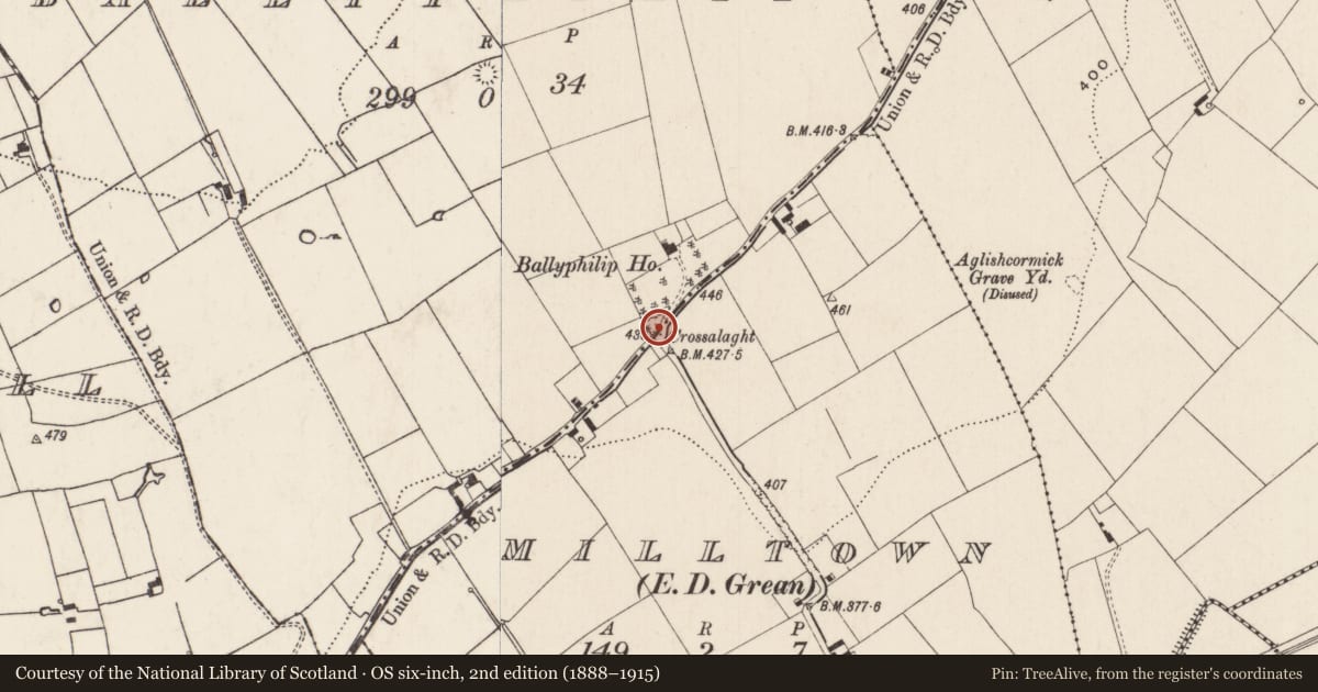 Ordnance Survey six-inch map, 2nd edition (1888–1915) covering the location of Penitential station, Ballyphilip, County Limerick, with a pin at the register's coordinates