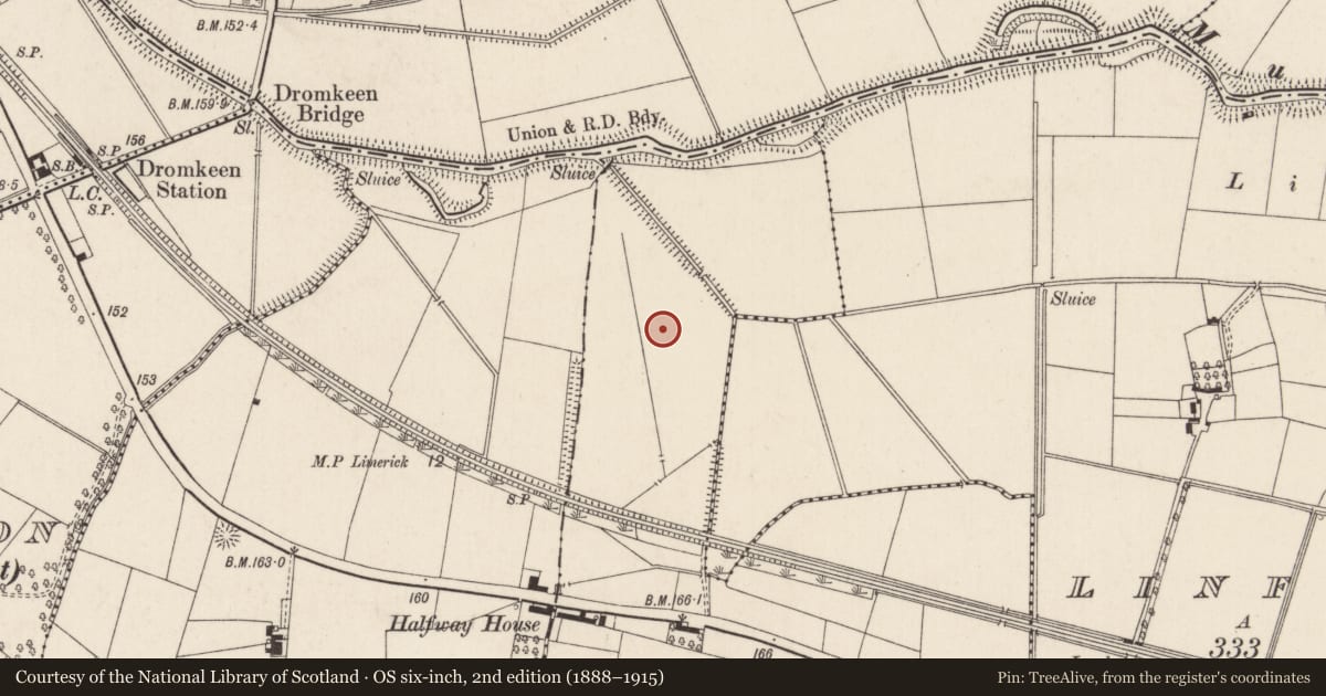 Ordnance Survey six-inch map, 2nd edition (1888–1915) covering the location of Enclosure, Corelish East, County Limerick, with a pin at the register's coordinates