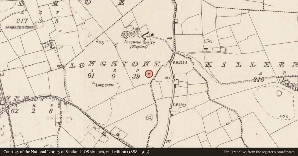 Ordnance Survey six-inch map, 2nd edition (1888–1915) covering the location of Enclosure, Longstone, County Limerick, with a pin at the register's coordinates