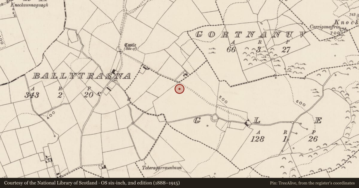 Ordnance Survey six-inch map, 2nd edition (1888–1915) covering the location of Enclosure, Glen, County Limerick, with a pin at the register's coordinates