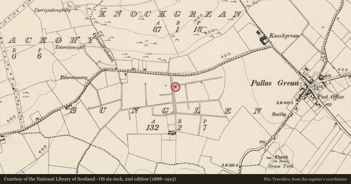Ordnance Survey six-inch map, 2nd edition (1888–1915) covering the location of Enclosure, Sunglen, County Limerick, with a pin at the register's coordinates