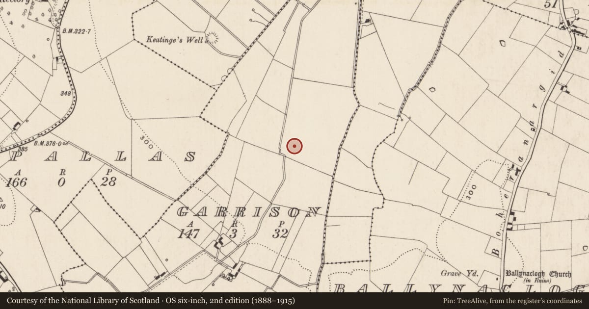 Ordnance Survey six-inch map, 2nd edition (1888–1915) covering the location of Barrow - ring-barrow, Garrison, County Limerick, with a pin at the register's coordinates