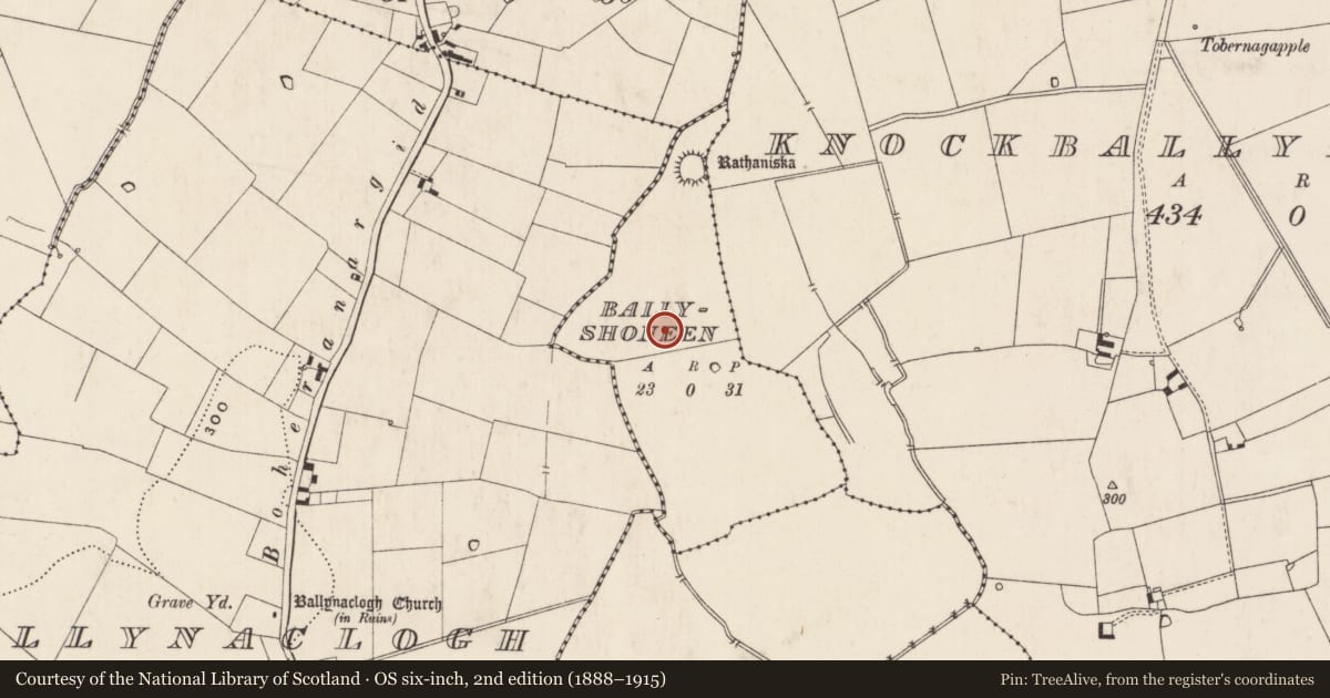 Ordnance Survey six-inch map, 2nd edition (1888–1915) covering the location of Barrow - ring-barrow, Ballyshoneen, County Limerick, with a pin at the register's coordinates