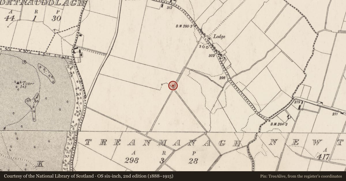 Ordnance Survey six-inch map, 2nd edition (1888–1915) covering the location of Enclosure, Treanmanagh, County Limerick, with a pin at the register's coordinates