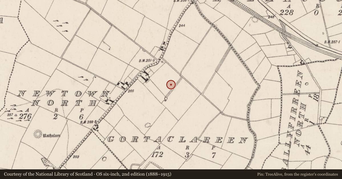 Ordnance Survey six-inch map, 2nd edition (1888–1915) covering the location of Moated site, Gortaclareen, County Limerick, with a pin at the register's coordinates
