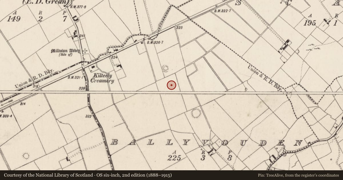 Ordnance Survey six-inch map, 2nd edition (1888–1915) covering the location of Enclosure, Ballyvouden, County Limerick, with a pin at the register's coordinates