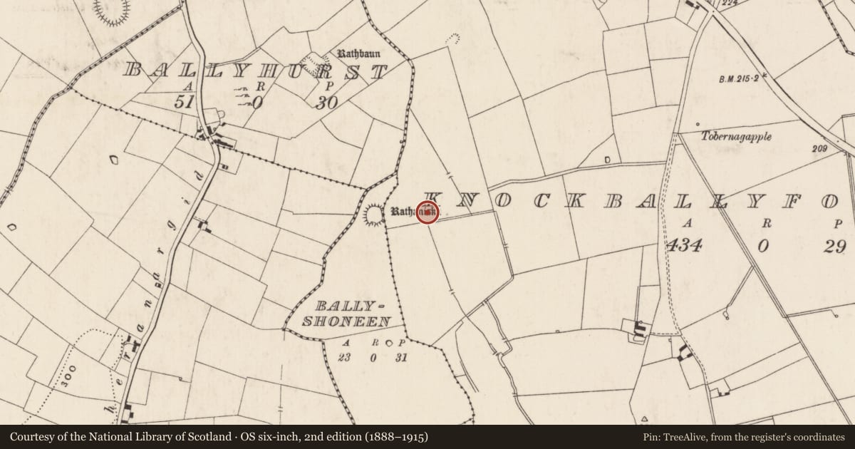 Ordnance Survey six-inch map, 2nd edition (1888–1915) covering the location of Enclosure, Knockballyfookeen, County Limerick, with a pin at the register's coordinates