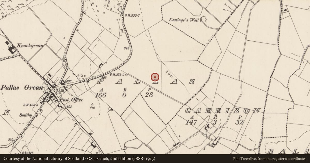 Ordnance Survey six-inch map, 2nd edition (1888–1915) covering the location of Barrow - ring-barrow, Pallas, County Limerick, with a pin at the register's coordinates