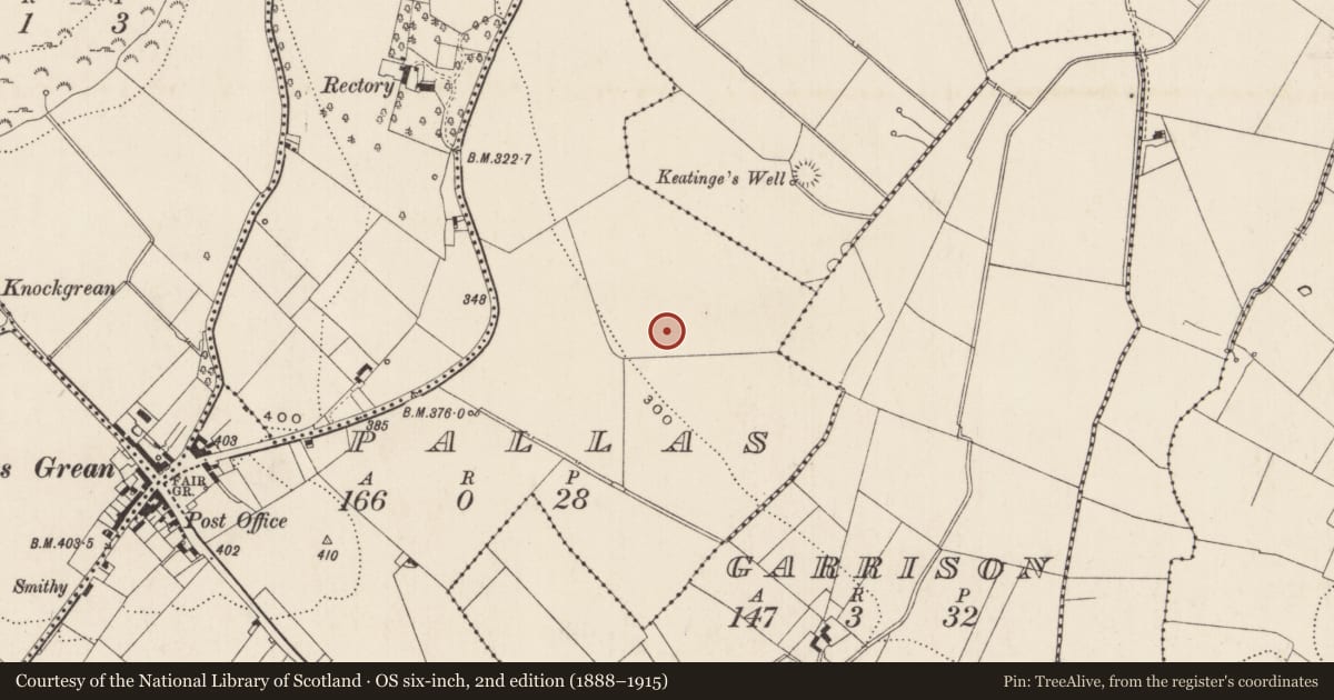 Ordnance Survey six-inch map, 2nd edition (1888–1915) covering the location of Barrow - ring-barrow, Pallas, County Limerick, with a pin at the register's coordinates