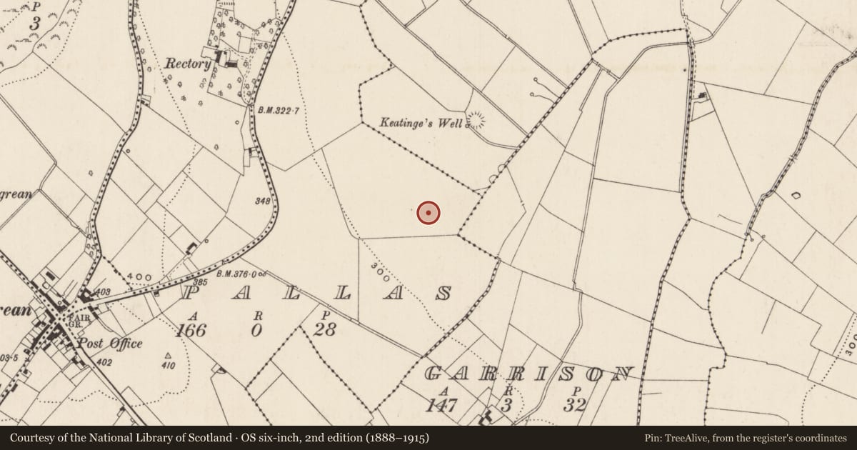 Ordnance Survey six-inch map, 2nd edition (1888–1915) covering the location of Barrow - ring-barrow, Pallas, County Limerick, with a pin at the register's coordinates