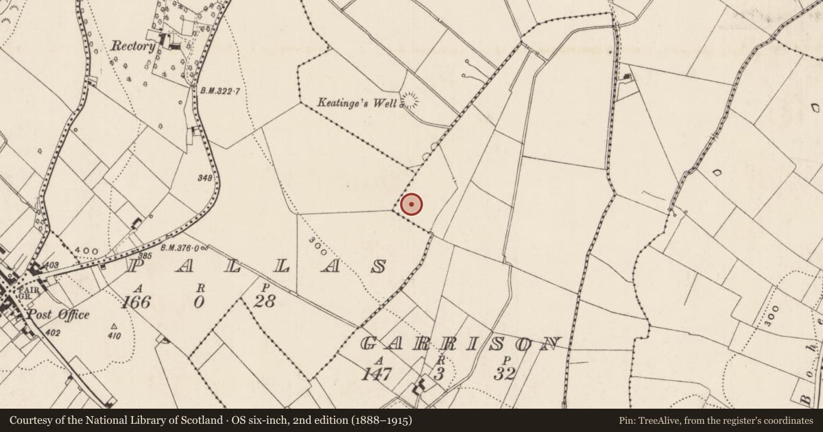 Ordnance Survey six-inch map, 2nd edition (1888–1915) covering the location of Barrow - ring-barrow, Garrison, County Limerick, with a pin at the register's coordinates
