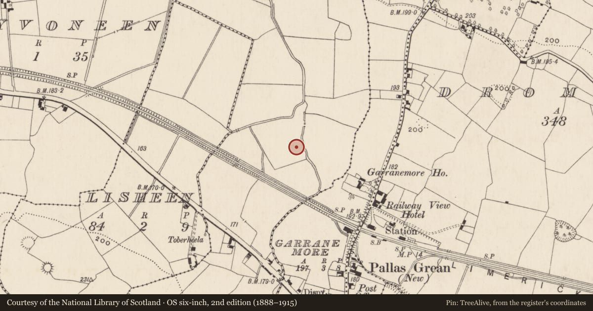 Ordnance Survey six-inch map, 2nd edition (1888–1915) covering the location of Barrow - ring-barrow, Nicker, County Limerick, with a pin at the register's coordinates