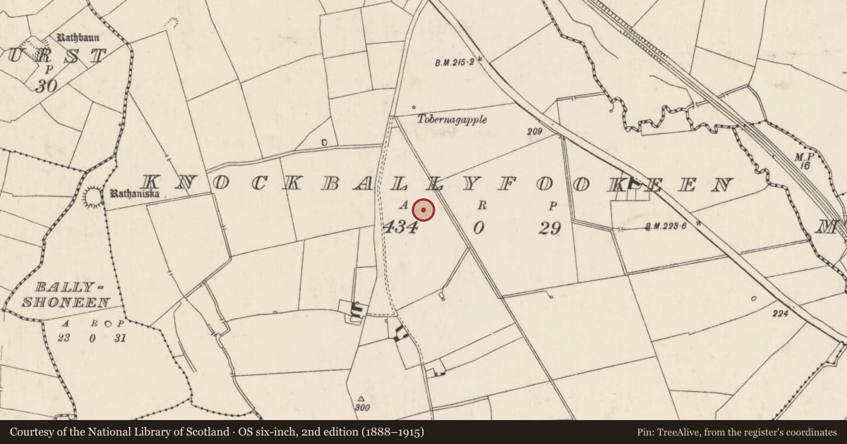 Ordnance Survey six-inch map, 2nd edition (1888–1915) covering the location of Mound, Knockballyfookeen, County Limerick, with a pin at the register's coordinates