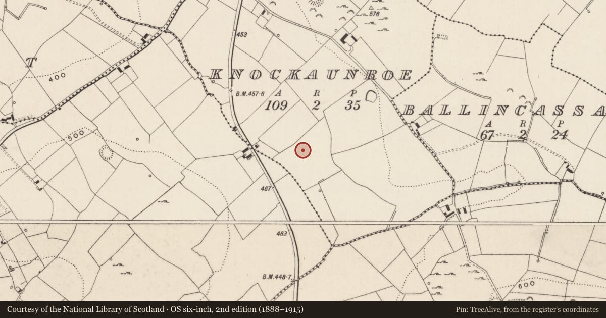 Ordnance Survey six-inch map, 2nd edition (1888–1915) covering the location of Barrow - ring-barrow, Knockaunroe, County Limerick, with a pin at the register's coordinates