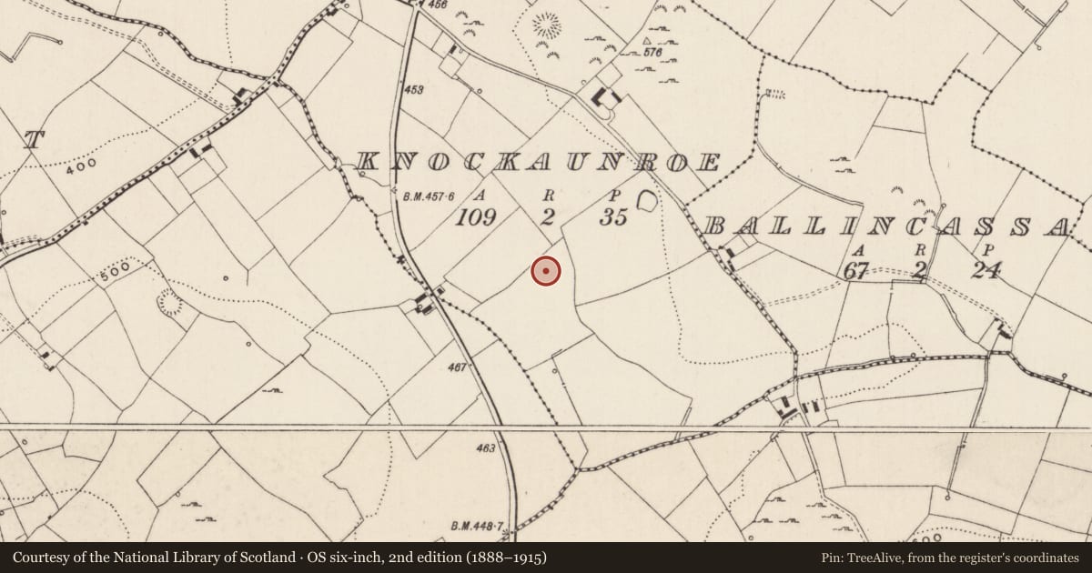 Ordnance Survey six-inch map, 2nd edition (1888–1915) covering the location of Barrow - ring-barrow, Knockaunroe, County Limerick, with a pin at the register's coordinates