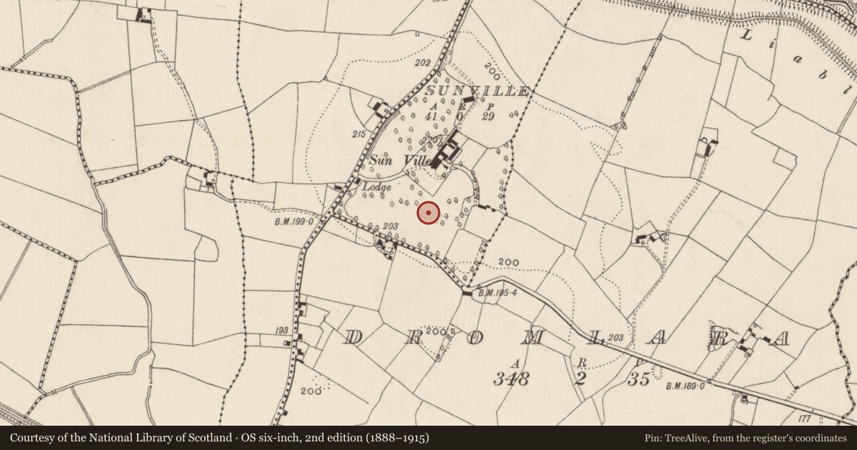 Ordnance Survey six-inch map, 2nd edition (1888–1915) covering the location of Enclosure, Sunville, County Limerick, with a pin at the register's coordinates