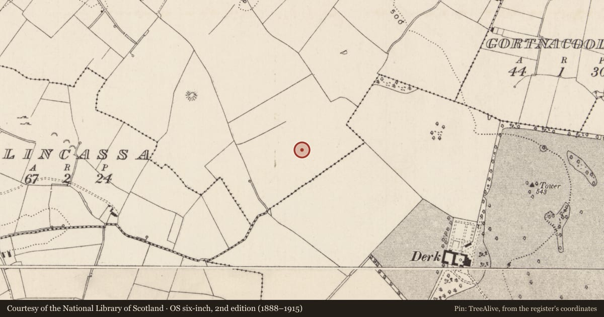 Ordnance Survey six-inch map, 2nd edition (1888–1915) covering the location of Barrow - ring-barrow, Cloghaderreen, County Limerick, with a pin at the register's coordinates